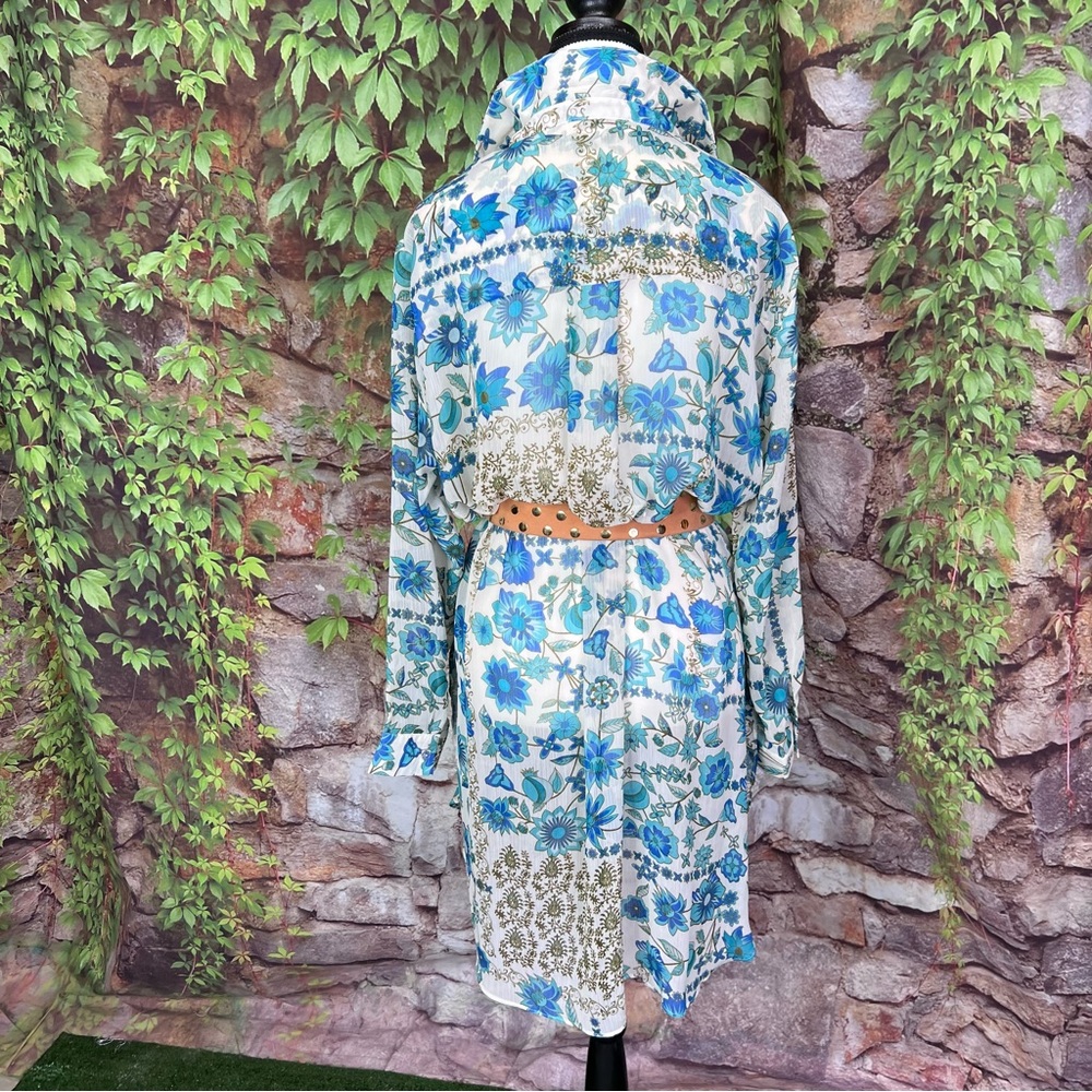 ROSE + OLIVE Blue and White Floral Boho Chiffon Longline Tunic/Dress, M - Picture 5 of 14